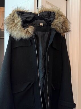 H&M Black Trench Coat with Faux-Fur Hood Trim